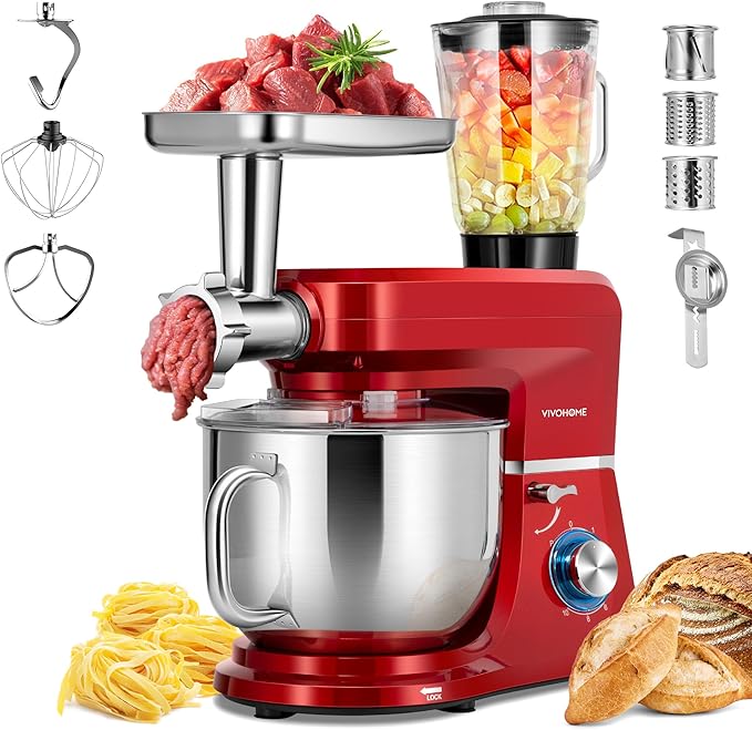 VIVOHOME 6 in 1 Multifunctional Stand Mixer with 8.5 Quart Stainless Steel Bowl, 660W 10 Speed Tilt-Head Meat Grinder, Juice Blender, Vegetable Slicer, Pasta and Cookie Maker, Red