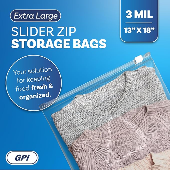 1000 Count - Slider Zip 2.5 Gallon Jumbo Food Storage Bags, 13" x 18" 3 Mil Heavy Duty, Extra Large, Strong & Durable For Freezer Storage. GPI