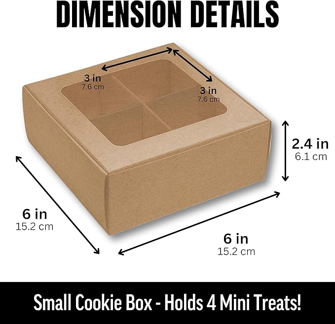 100 pcs Kraft Mini Cookie Boxes for 4 treats with Window and Dividers, Bakery Boxes, 6 x 6 x 2.4 Inches SMALL Baking Boxes, Square Cookies Box Decorating Supplies for Gift Giving