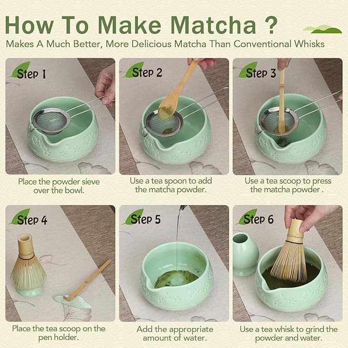 Matcha Whisk Tea Set: Ceramic Bowl with Spout, Bamboo Matcha Whisk & Spoon, Chasen Holder, Scoop Rest, Sifter, 8-Pcs Japanese Matcha Powder Kit–Gift for Ceremony & Matcha Lovers-Mint