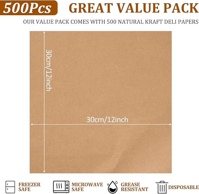 JOUTYFOR Home 12 x 12 Grease Proof Deli Wrappers (500 Pack) - Pre Cut Natural Wax Paper Sheets - Recyclable Food Basket Liners Deli Squares For Sandwiches, Lining Wire Food Baskets, Foods Tray