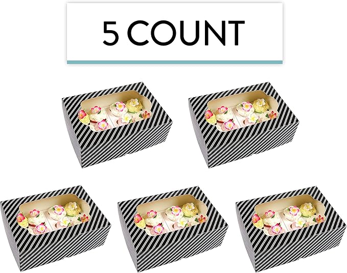 Global Sugar Art Popup Quarter Sheet Cake & 12 Cupcake Box with Window and Cupcake Insert, Black and White Stripe 14 x 10 x 4 Inches, 5 Count. For 9 x 13 sheet cakes, cookies, pastries, desserts.