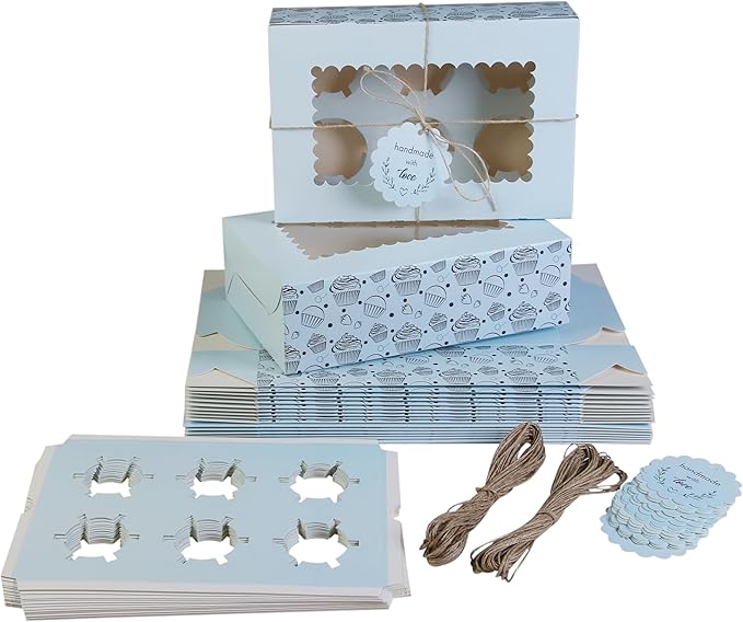 Cupcake and Muffin Boxes (Pack of 20), Fits 6 Treats comes with Insert trays, Tags and Twine (Blue)
