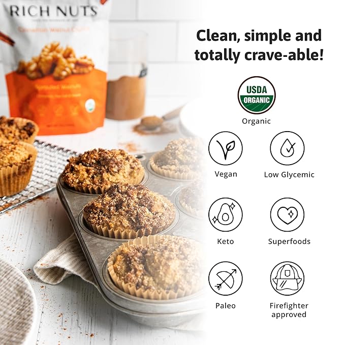 Rich Nuts Cinnamon Walnut Crunch Gourmet Sprouted Walnuts | Vegan, Organic, Paleo, Keto | Cinnamon, Maple Syrup, Maca & Sea Salt | Non-Roasted, Dehyrdated, Germinated, Raw & Whole | 4 Oz Bag (2 Pack)