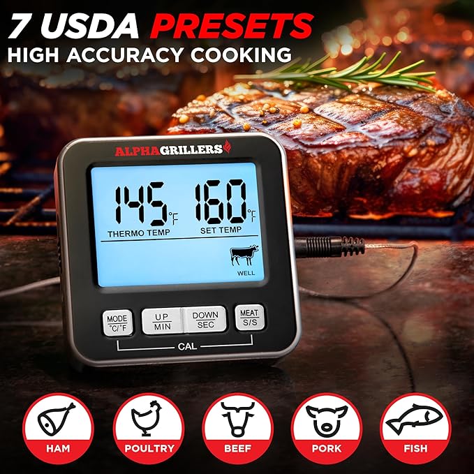 Alpha Grillers Turkey Thermometer Oven Safe Leave in - Digital Meat Thermometer Probe - Large Display with 7 Preset Temp Alerts, Timer & Alarm