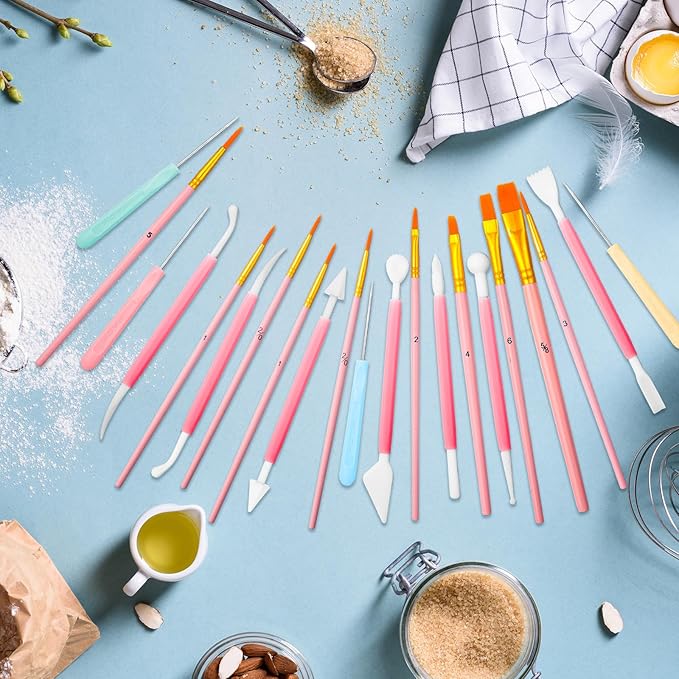 24 Pieces Cookie Decorating Fondant Cake Decorating Tool Set Include Brushes Sugar Stir Needle Fondant Modeling Tool Elbow and Straight Tweezer(Pink)