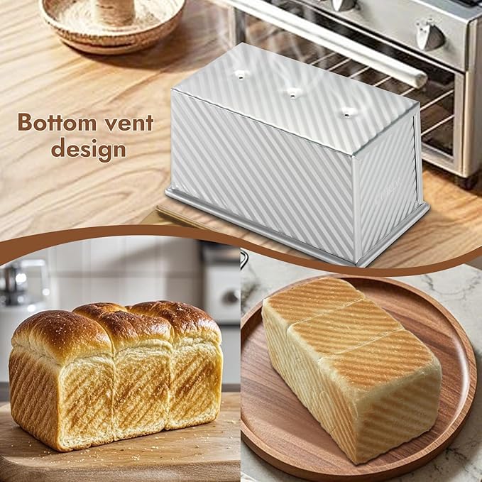 CURTA Pullman Loaf Pan with Lid 1 lb Dough Capacity Non-Stick Bakeware for Baking Bread, Corrugated sourdough bread pan, Silver 2pcs