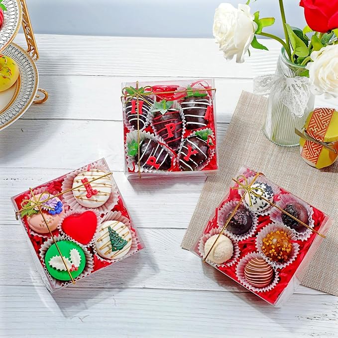 25Pack 5x5x2Inches Clear Bakery Boxes Chocolate Covered Strawberry Boxes for 4 Mini Cake Boxes Cookies Macaron Boxes Pie Boxes Browines boxes