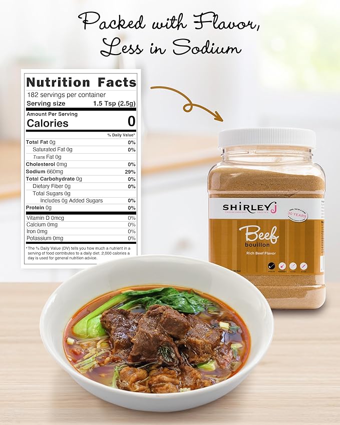 Shirley J Bouillon Powder - Rich, Concentrated, & Less Sodium Chicken Bouillon - Easy to Use Powder for Soup, Stew, Gravy, & More (1 LB, Beef)