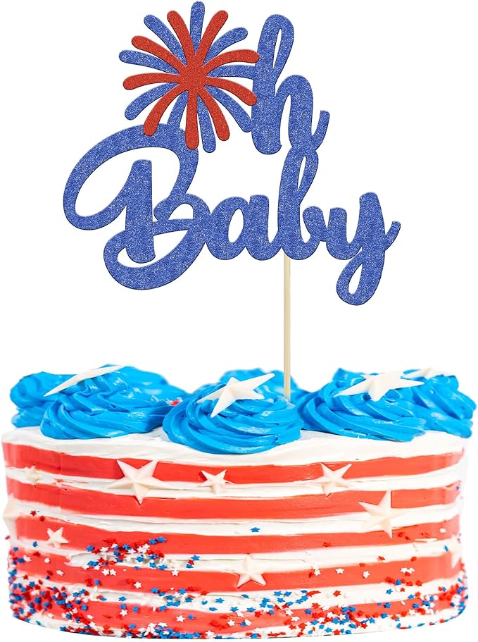 1Pc Happy Independence Day Oh Baby Cake Topper Glitter Firework Happy 4th of July Babyshower Cake Decorations for Independence Day Theme Party Cake Decorations Supplies