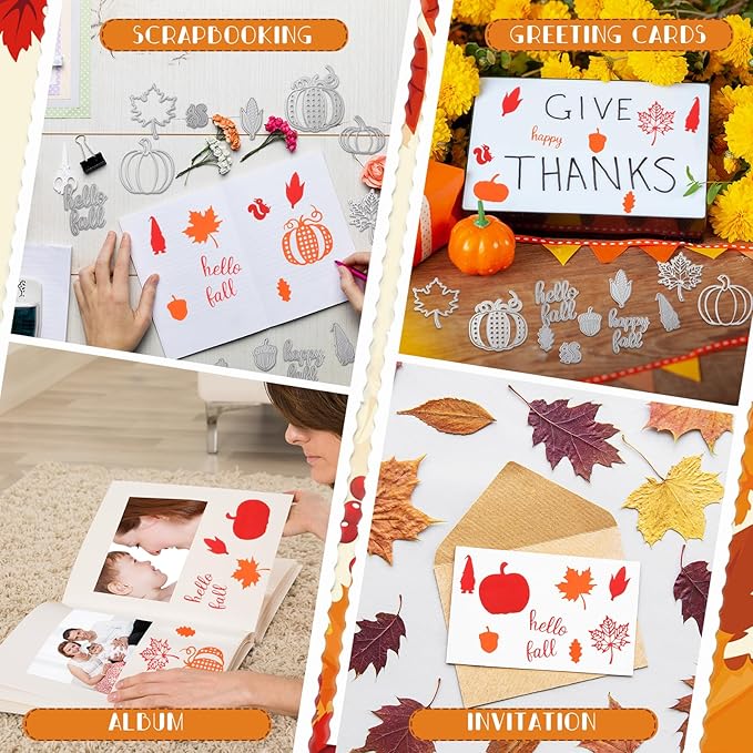 Otoolling 12 Pcs Thanksgiving Fall Metal Die Cuts for Card Making Hello Fall Maple Leaf Pumpkin Hazelnut Squirrel Corn Embossing Stencils for Autumn DIY Scrapbooking Craft Decorations