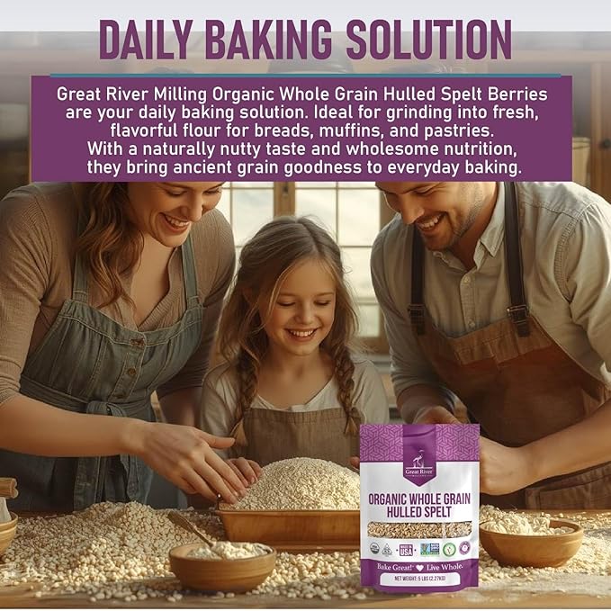 Great River Milling Organic Hulled Spelt Berries | Ancient Whole Spelt Grain | High Fiber & Protein | Non-GMO & Kosher | Ideal for Baking, Salads, Pilaf & More | 5 Lb