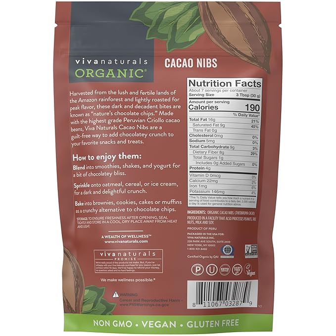 Viva Naturals Organic Cacao Nibs, Unsweetened, 8 oz (227 g), Keto Friendly, Vegan, Non-GMO, Gluten-Free Chocolate Chip Substitute
