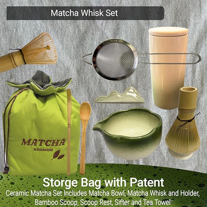 Matcha Whisk Set, 10 Pcs Large Set, Matcha Bowl with Whisk Holder and Spoon Rest All In One Bag, Sakura pink and Matcha Green, Perfect for Enthusiasts, Gift-giving, Christmas Gift