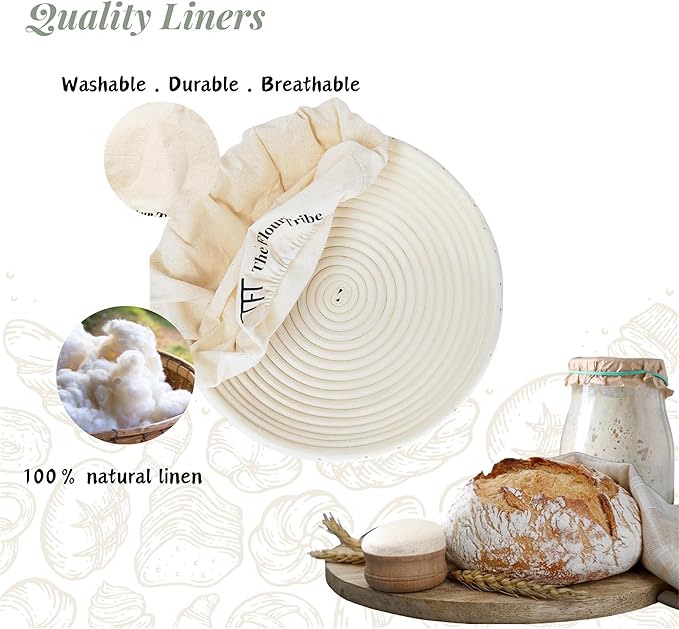 Banneton Bread Proofing Basket: Banneton Basket Set of 2, 9 inch Sourdough Proofing Basket Round Proofing Bowls Handmade Rattan baskets w Linen liners for Dough Proofing, Sourdough Bread Making Kit