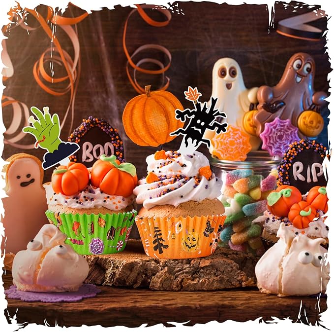 Halloween Cupcake Liners with Toppers Picks, Standard Wrappers Cupcake Disposable Baking Cups Muffin Liners for Halloween Party Decorations Supplies (150 Liners & 150 Toppers)