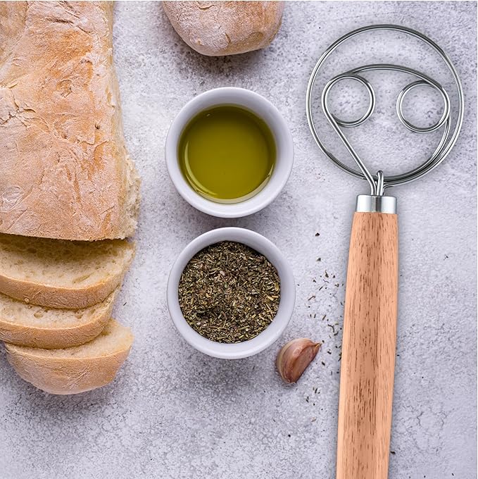 Zulay Kitchen Double-Eye 13" Danish Dough Whisk - Durable Easy Mixing Bread Whisk, Stainless Steel Sourdough Danish Hook, Sourdough For Mixing, Traditional Dutch Dough Mixer Tool - Rubberwood