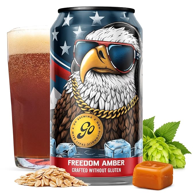 Go Brewing - Freedom Amber - Gluten-Free Non-Alcoholic Craft Beer - Small Batch, Low-Calorie Brew - Earthy, Caramel, and Corn Flavor Profile - Smooth Finish - Ideal for Any Occasion (12 Oz, 12 Cans)