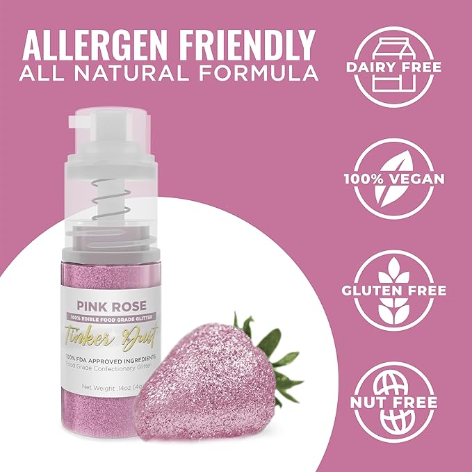 Bakell - Pink Rose Tinker Dust (4g, 1x Mini Spray Pump) Edible Glitter for Food, Desserts, and Beverages!