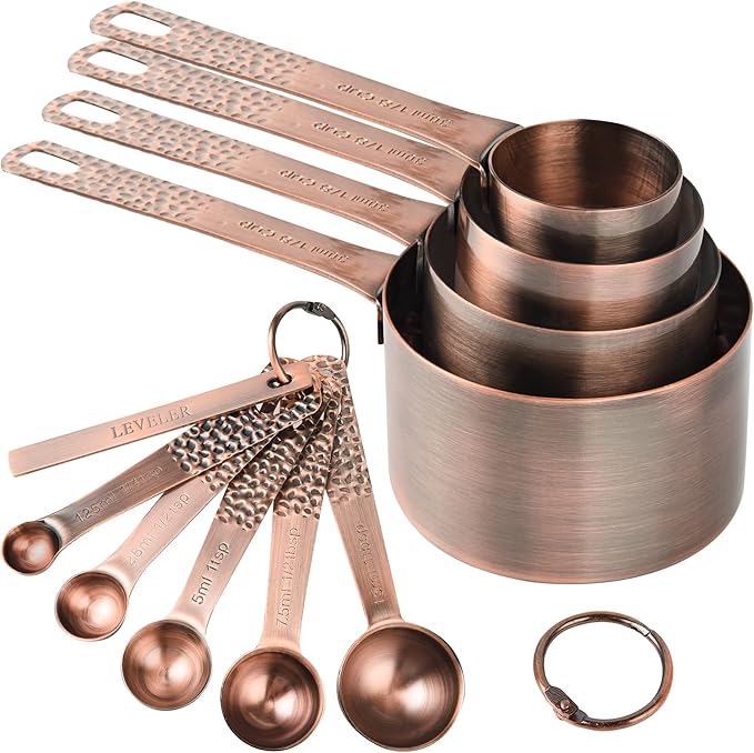 Smithcraft Copper Measuring Cups and Spoons Set 10, Metric & US Stainless Steel Measuring and Spoons Set for Baking & Kitchen, Nesting 4 Metal Measure Cups & 5 Spoons & Leveler for Dry & Liquid