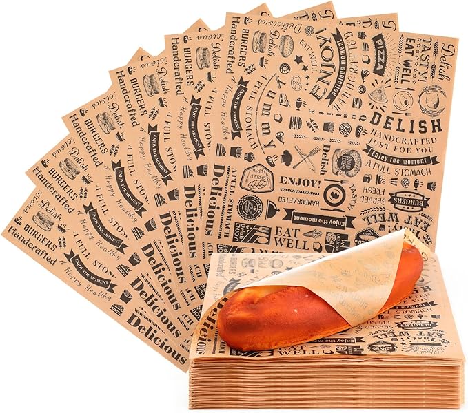 Outus 600 Pcs 10 x 10 Inch Deli Wax Paper Sheets Grease Resistant Tray Basket Liners Newsprint Paper Water and Grease Proof Sandwich Wrapping Square Hot Dog Wrappers for Food Baking (Brown)