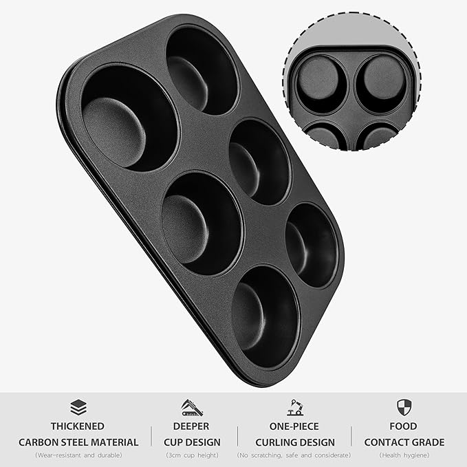 Satax Muffin Pan for Baking, Nonstick Cupcake Tin 6 Cup,sets of 2,Heavy Duty Steel Muffin Pan (Black, 6-cup)