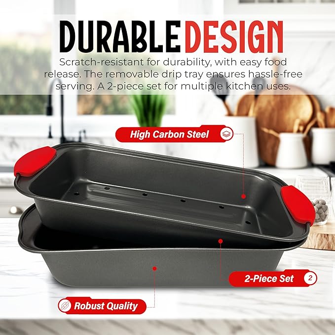 PERLLI Nonstick Meatloaf Pan with Drip Tray Insert – High-Carbon Steel Bakeware with Silicone Grips – Ideal for Baking Bread, Cake, and Roasting Meat in the Oven - 2-Piece Set