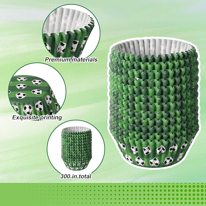 300pcs Soccer Cupcake Liners, Paper Football Cupcake Liners Football Field Baking Cup Wrappers Soccer Party Accessories
