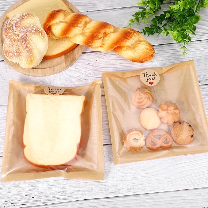 200 Pack Cookie Bags with Seal, Kraft Bags with Window 7.5x7.1", Heat Sealable & Grease Resistant Sandwich Bag, Cookie Packaging with Stickers, Pastry Bag for Treat, Donut, Cake Slice, Scone, Brownie