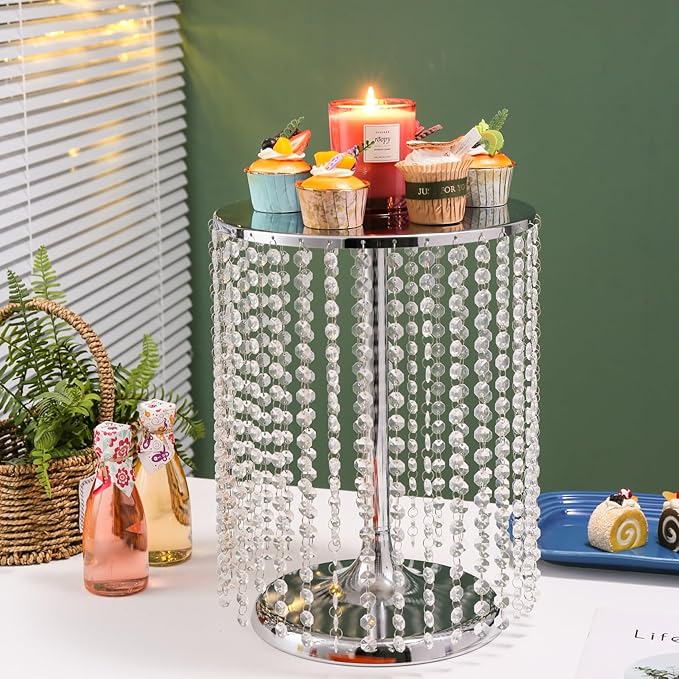 LANLONG Wedding Cake Stand for Dessert Table 12 Inch Silver Crystal Pendants Metal Cake Stand Serves as A Round Dessert Cupcake Display Plate 16 Inch Tall (Silver)