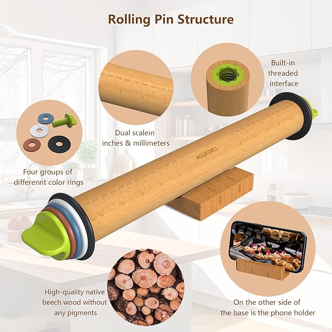Rolling Pin with Adjustable Thickness Ring, Dough Thickness for Baking, Fondant, Pizza, Crust, Cookies, Pastry, 13.6" Wooden Rolling Pin with 4 Multi-Color Thickness Rings and Wooden Stand