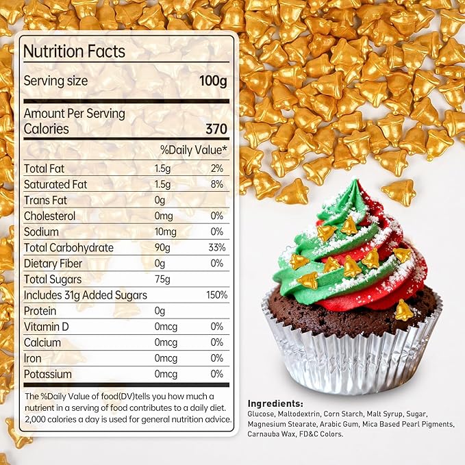 Christmas Bells Sprinkles for Cake Decorating, Gold Bells Sugar Sprinkles Edible, 150g/5.29oz, Perfect for Cake Decoration, Cupcake, cookies Decorations, Baking, foodgrade