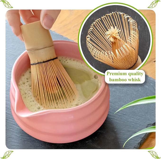 Matcha Whisk Set- Matcha Set includes Matcha Whisk and Bowl with Spout, Sifter, Holder and Scoop- The Perfect Bamboo Whisk for Matcha Tea (Pink)