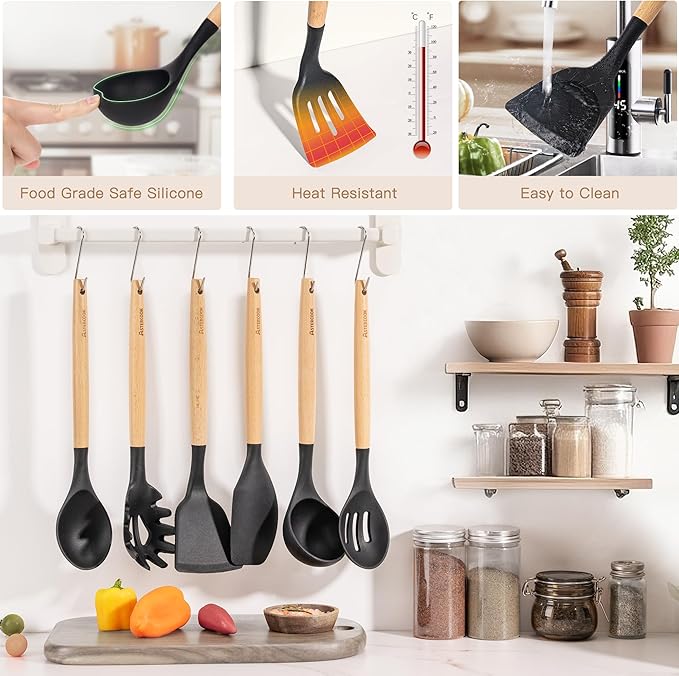 Astercook Kitchen Utensils Set, 39 PCS Silicone Cooking Utensils Set with Wooden Handle, 446°F Heat Resistant Food Grade Utensil Sets, BPA Free Kitchen Gadgets Tools Set for Nonstick Cookware (Black)