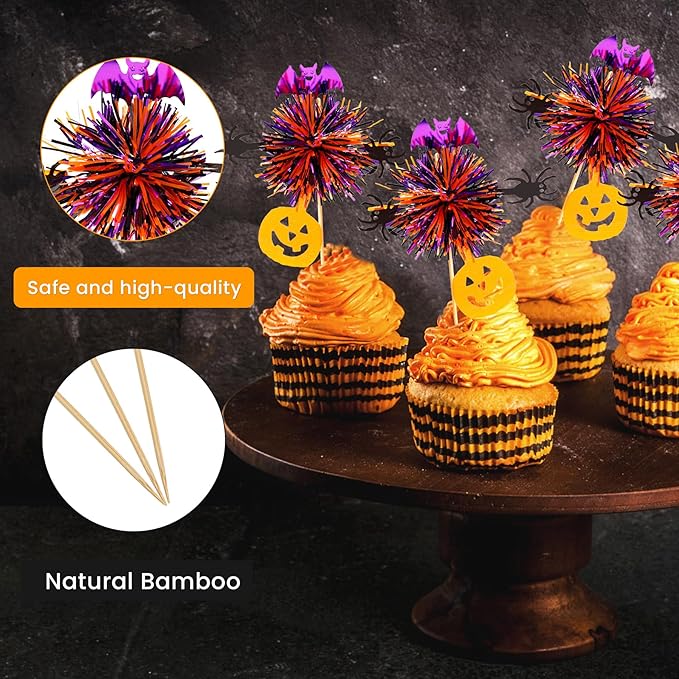 24pcs Halloween Foil Firework Cupcake Toppers Happy Halloween Theme Cupcake Picks Decoration Cocktail Fruit Toothpick for Fall Party