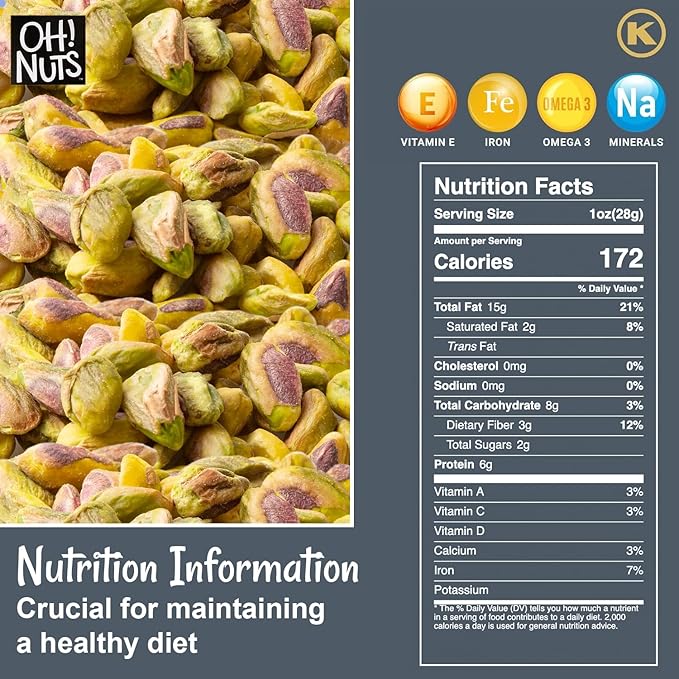 Oh! Nuts Pistachios No Shell - Roasted Unsalted - 1 lb - Shelled California Pistachios - Packed in New York Zip-Seal Bag for Exceptional Freshness