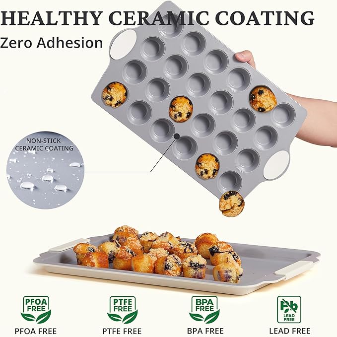 BRONYPRO 24-Cup Non Toxic Nonstick Ceramic Mini Muffin Pan & Cupcake Tin, PFOA & PFOA Free, Heavy Duty Rust-Resistant Aluminized Steel, Oven & Dishwasher Safe, Cream White