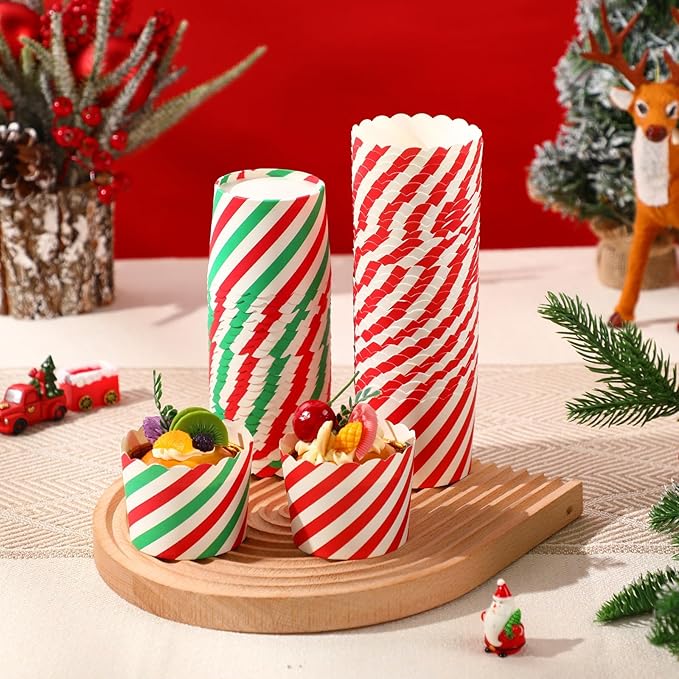 100 Pcs Christmas Cupcake Liners Bulk Red Green Baking Paper Cup Xmas Muffin Wrappers Striped Candy Pattern Baking Cup for Christmas Birthday Decoration, 2.8" x 2.4" x 2.2"