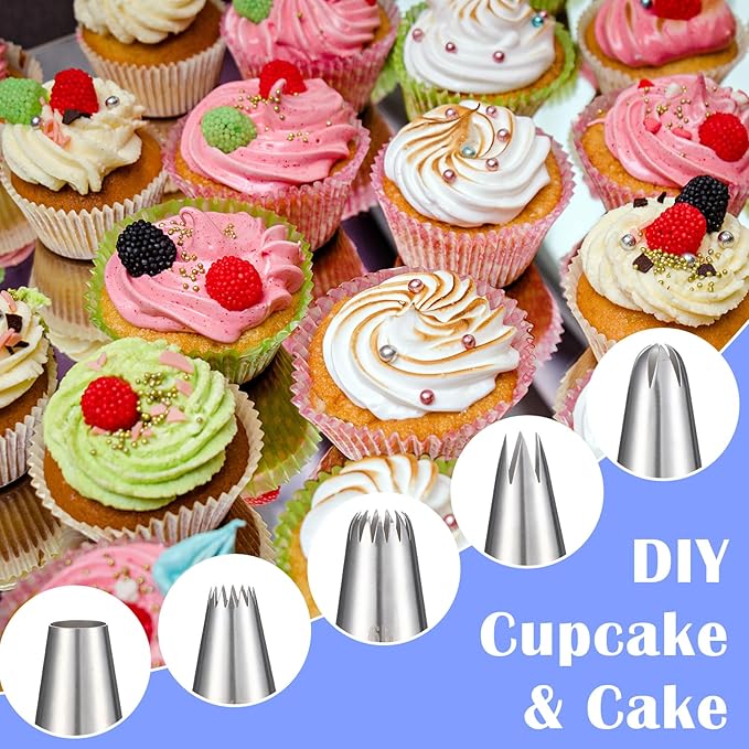 5 Pcs Cake Piping Tips, 1M 4B 6B 2D 1A frosting tips Stainless Steel Cakes Decorating Tip Set Large Piping Nozzles Baking Tools for Buttercream Icing Birthday Cake Cupcake DIY Art