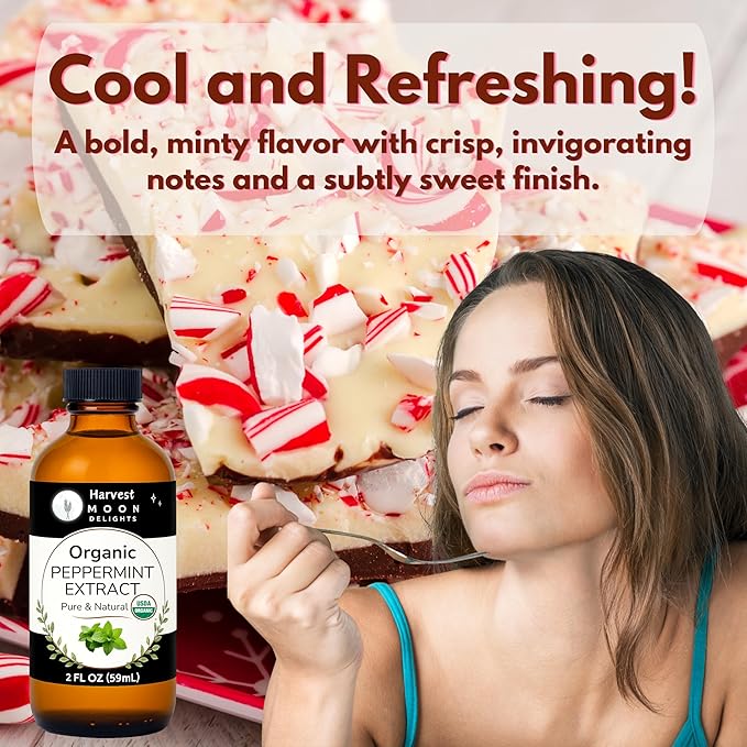 Organic Peppermint Extract for Baking, Ice Cream, Drinks, and Candy - 2 oz - Water-Soluble - By Harvest Moon Delights - Pure Peppermint Flavoring, Mint Extract