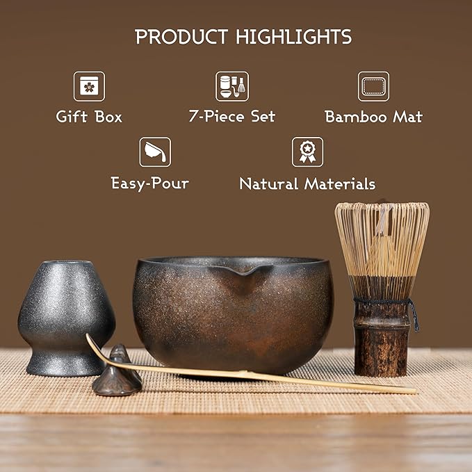 7-Piece Matcha Set, Ceramic Matcha Bowl, Bamboo Whisk (Chasen), Whisk Holder, Sifter, Tea Scoop & Scoop Rest, Special Bamboo Tea Mat, Harmonious Color Matcha Making Kit, Gilded