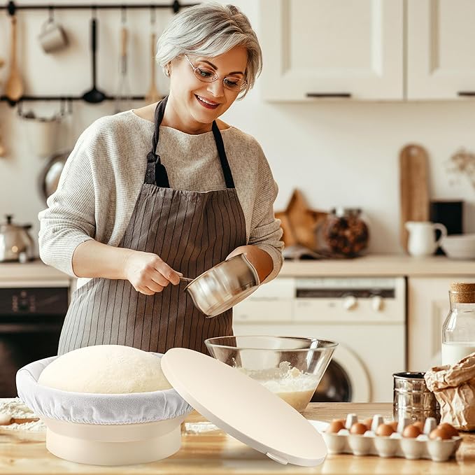 Enhon Heated Bread Proofing Baskets, Round 9 Inch Sourdough Starter Kit 4 Levels Temperature Adjustment Bread Making Tool, Proofing Basket with Liners for Banneton Bread Baking Homemade Essentials