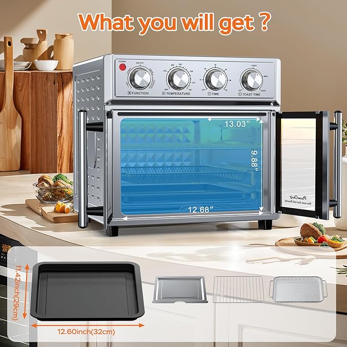 PlumChef 27.5 Quart Extra Large 6 Slices Air Fryer Convection Toaster Oven, French Door, 1700W, Multifunction Oven for Air Fryer, Toast, Grill, Defrost, Bake, Time and Temperature Controls, Silver