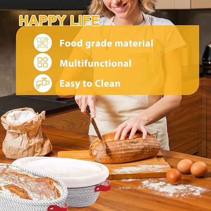Cotton Rope Banneton Bread Proofing Basket 10 Inch Oval & 9 Inch Round Banneton Basket Set of 4 Sourdough Bread Baking Supplies with Liner & Cover