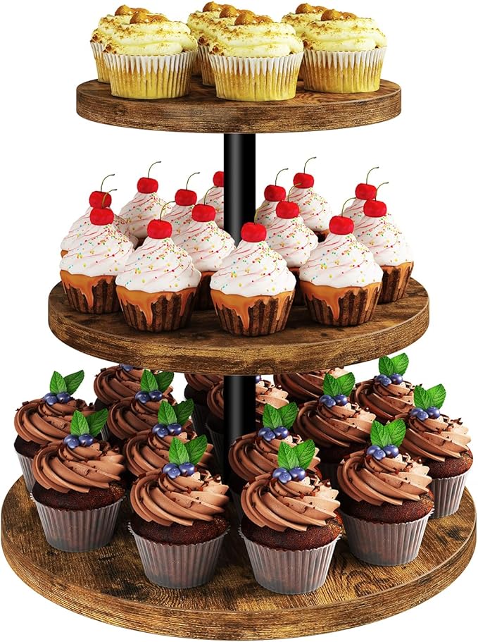 IBUYKE 3 Tier Cupcake Stand,Wood Durable Cupcake Tower,Round Serving Display Stand,Dessert Table Display Tree Tower for Birthday,Home Party, Wedding, Baby Shower,Rustic Brown UTLJ017H