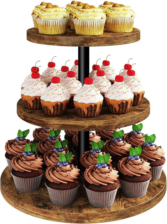IBUYKE 3 Tier Cupcake Stand,Wood Durable Cupcake Tower,Round Serving Display Stand,Dessert Table Display Tree Tower for Birthday,Home Party, Wedding, Baby Shower,Rustic Brown UTLJ017H