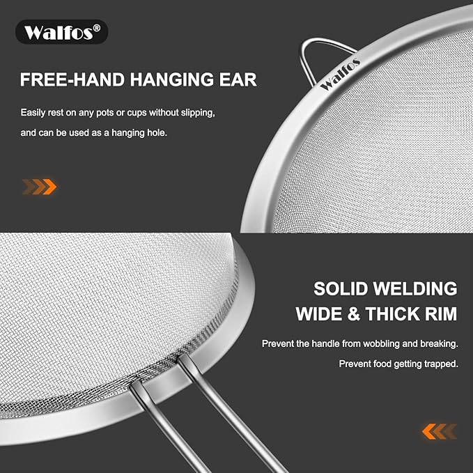Walfos Extra Fine Mesh Strainer Set of 4-9.35", 6.95", 4.6", 2.7", Stainless Steel 30 Mesh Sieve with Sturdy Handle, Kitchen Food Strainers Sifters for Quinoa, Pasta, Fruits, Vegetables, Rice, Tea