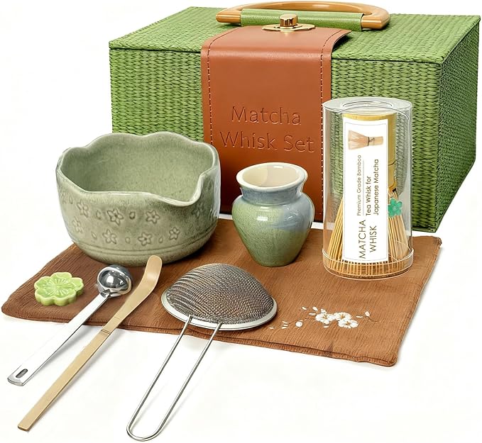 8Pcs Matcha Whisk Set, Matcha Set Includes Ceramic Matcha Bowl, Whisk and Holder, Bamboo Scoop, Scoop Rest, Sifter, Measuring Spoons and Tea Towel Tea Kit Gift Set for Women (Green)