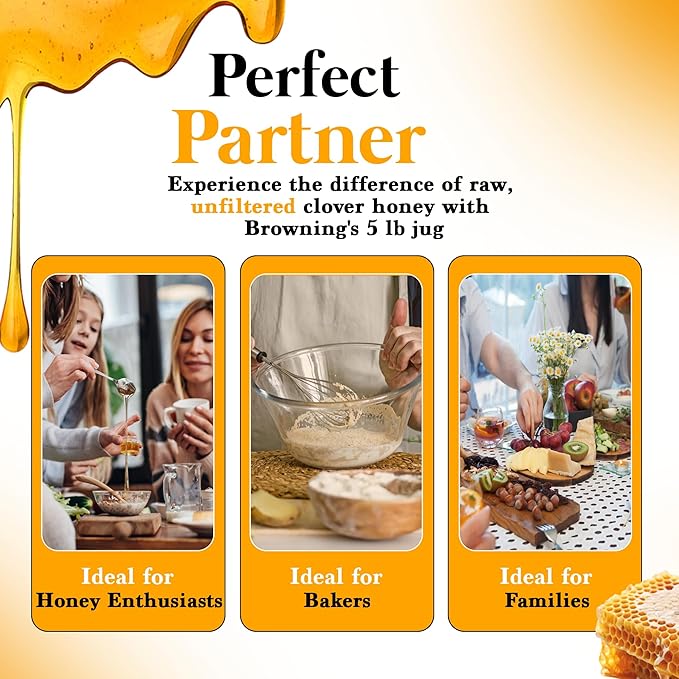 Browning's Honey Jug - Pure Raw Clover Honey, Natural Sweetener, Unfiltered and Unpasteurized, Perfect for Cooking, Baking, and Beverages (5 lb Jug)
