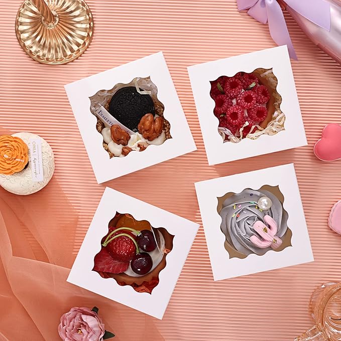Moretoes 120pcs White Bakery Boxes, 4x4x2.5 Inch Cookie Boxes with Window for Small Cake, Treats, Donuts, Candy